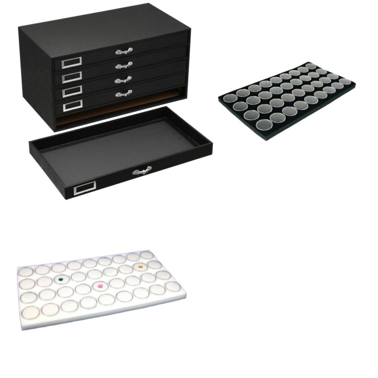 Black FindingKing 5-Drawer Jewelry Storage Case w/ Black & White Gem Jar Inserts